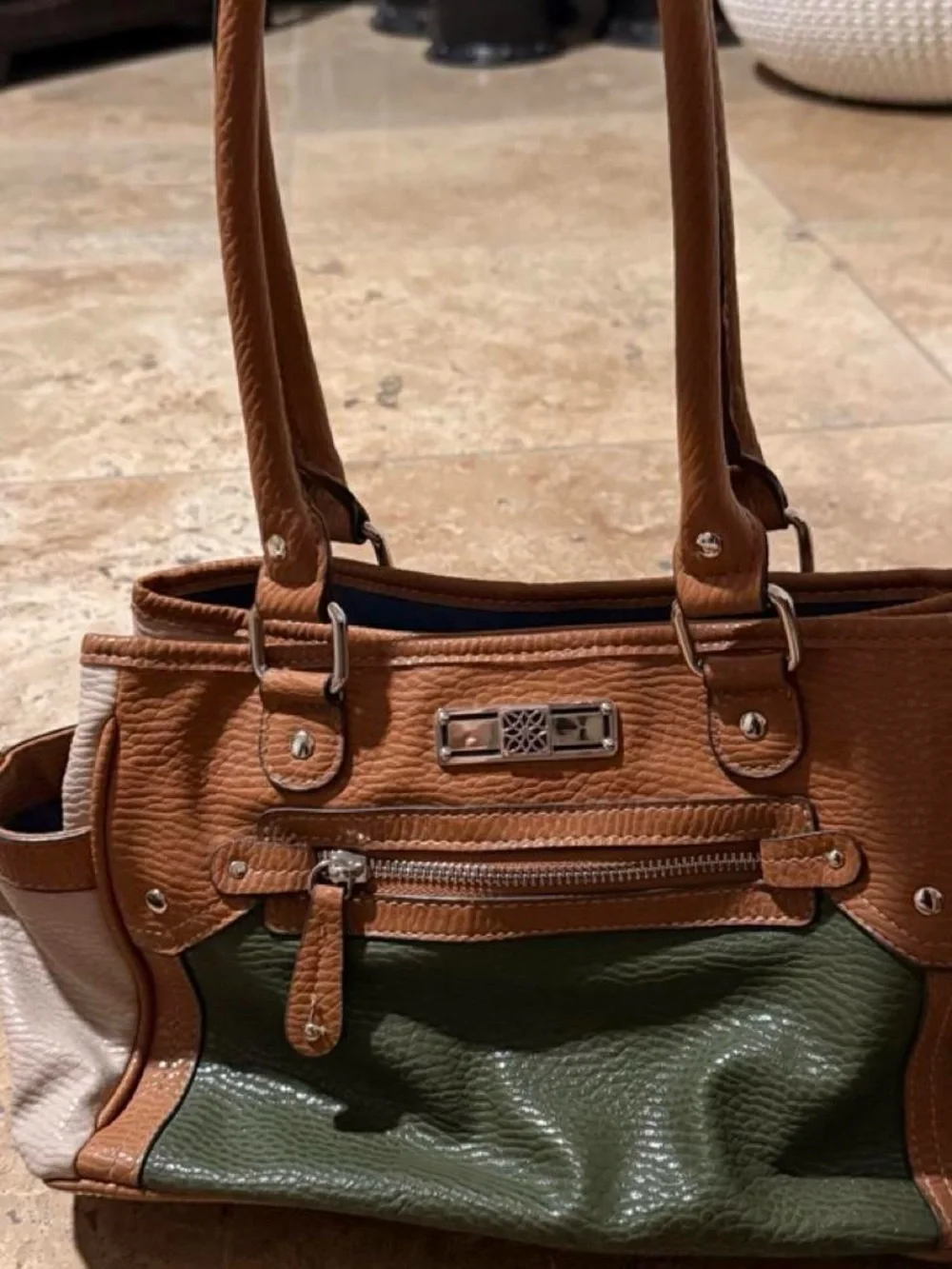 Two-Tone Brown and Green Leather Hobo Shoulder Bag